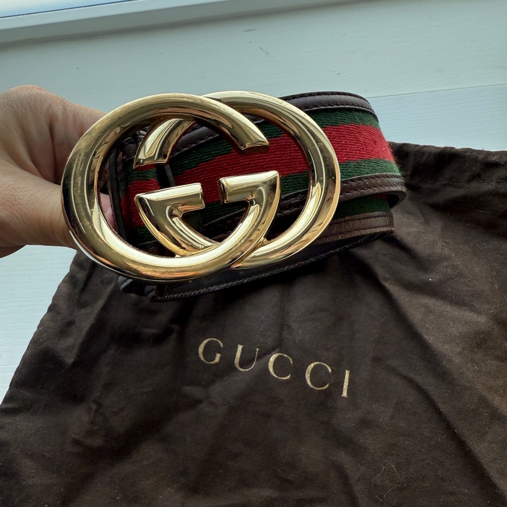 Gucci Web GG Logo Belt | Brown Leather 85/34 | Red Green Stripe | Authentic